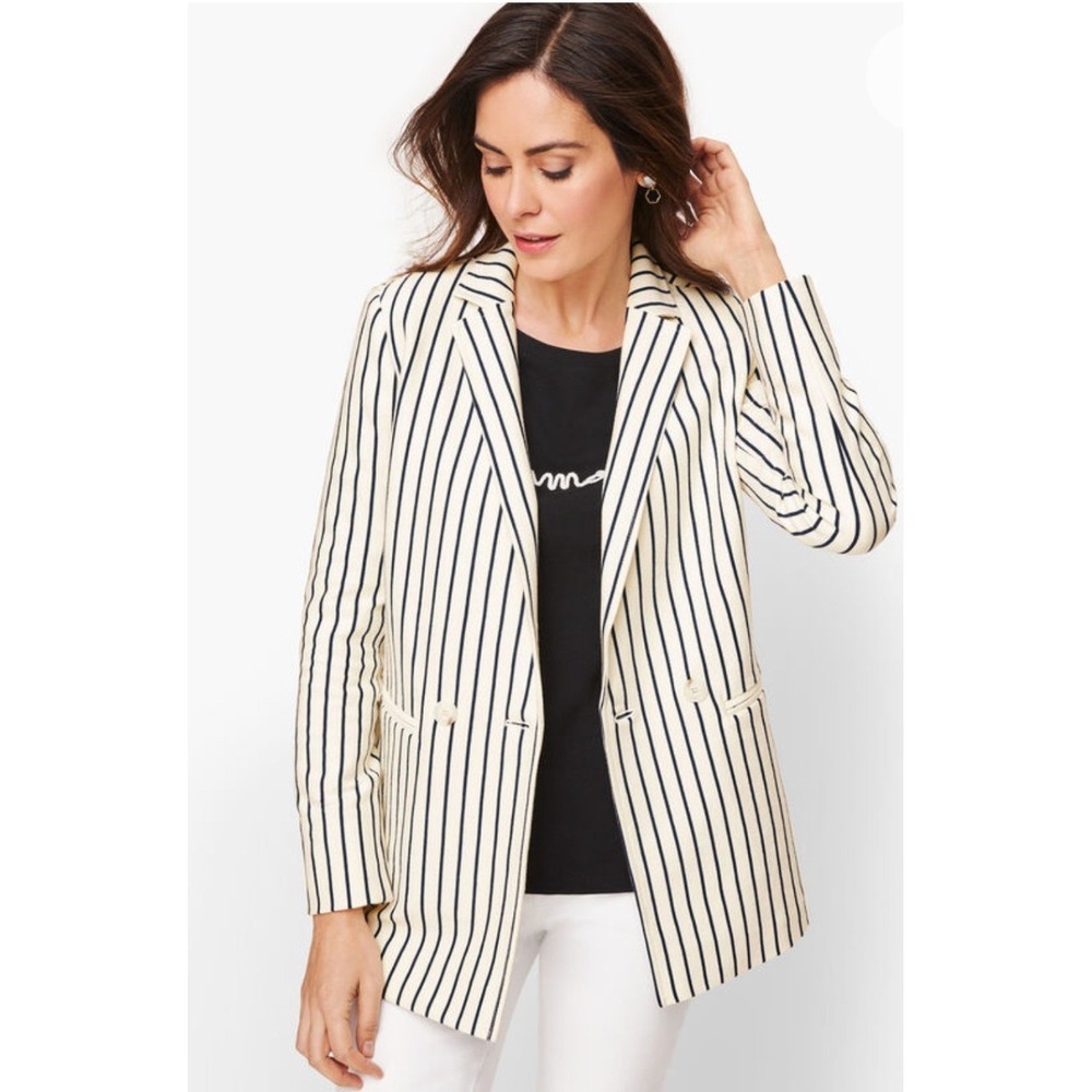 Talbots Knit Blazer 6P Ivory Striped Double Breasted Cotton Jacket Preppy Spring